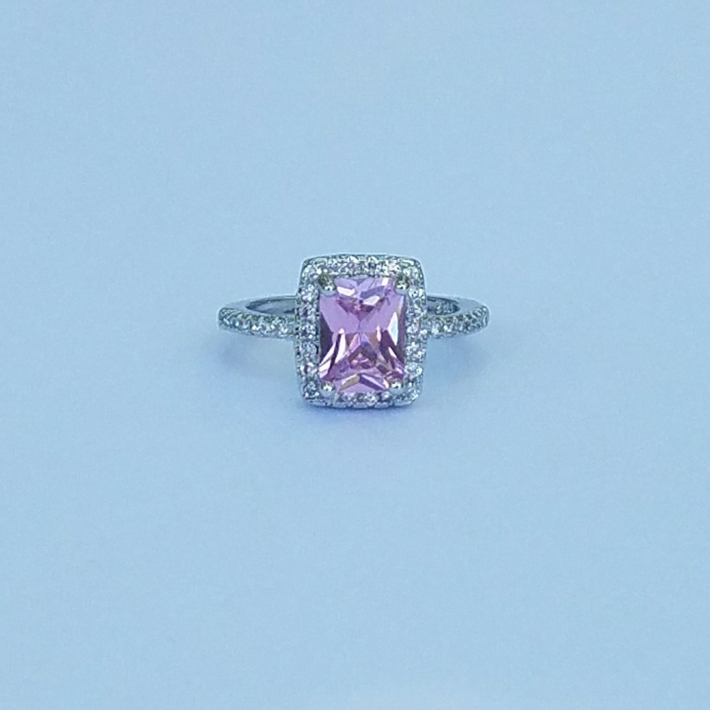 Pink Rectangular Princess Cut Halo Silver Ring - Picture 4 of 4